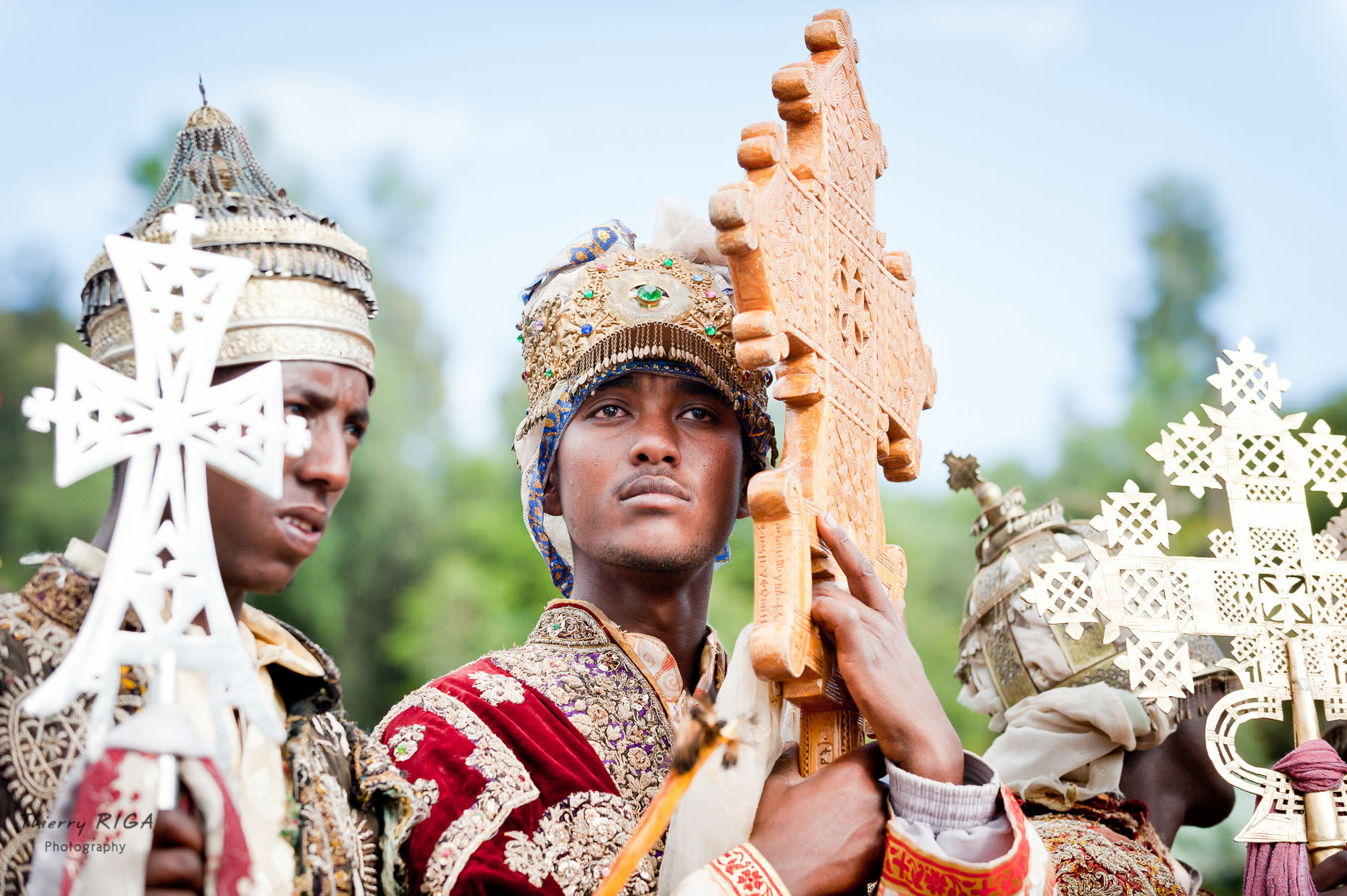 Group of priests holding crosses during Meskel ceremonies in Lalibela, Ethiopia, Thierry Riga
