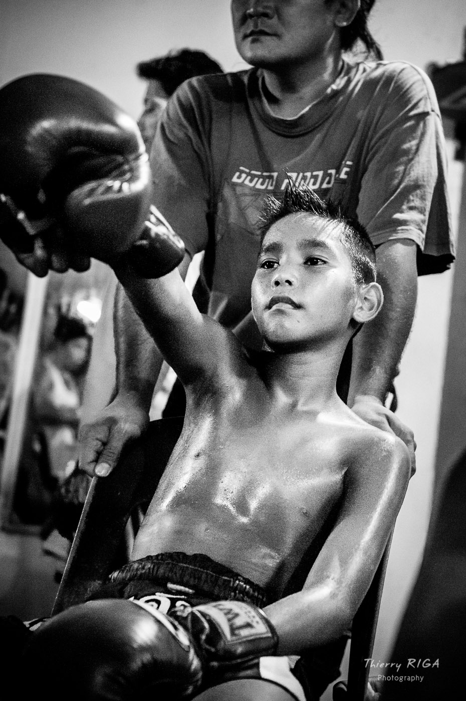 kid boxer warming up before the fight, Muay Thai, thailand, Black and White